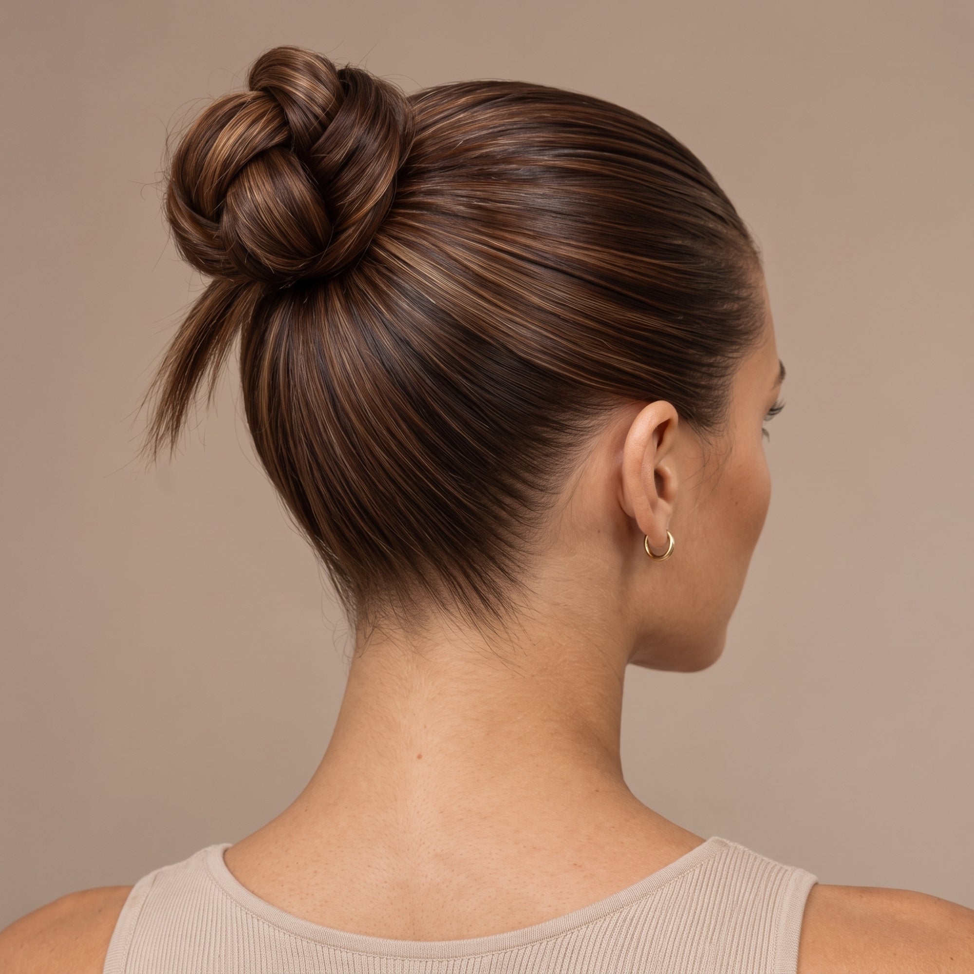A woman shown from the back and side profile wearing a dark brown twisted bun hairstyle with subtle warm blonde highlights, against a solid beige background.