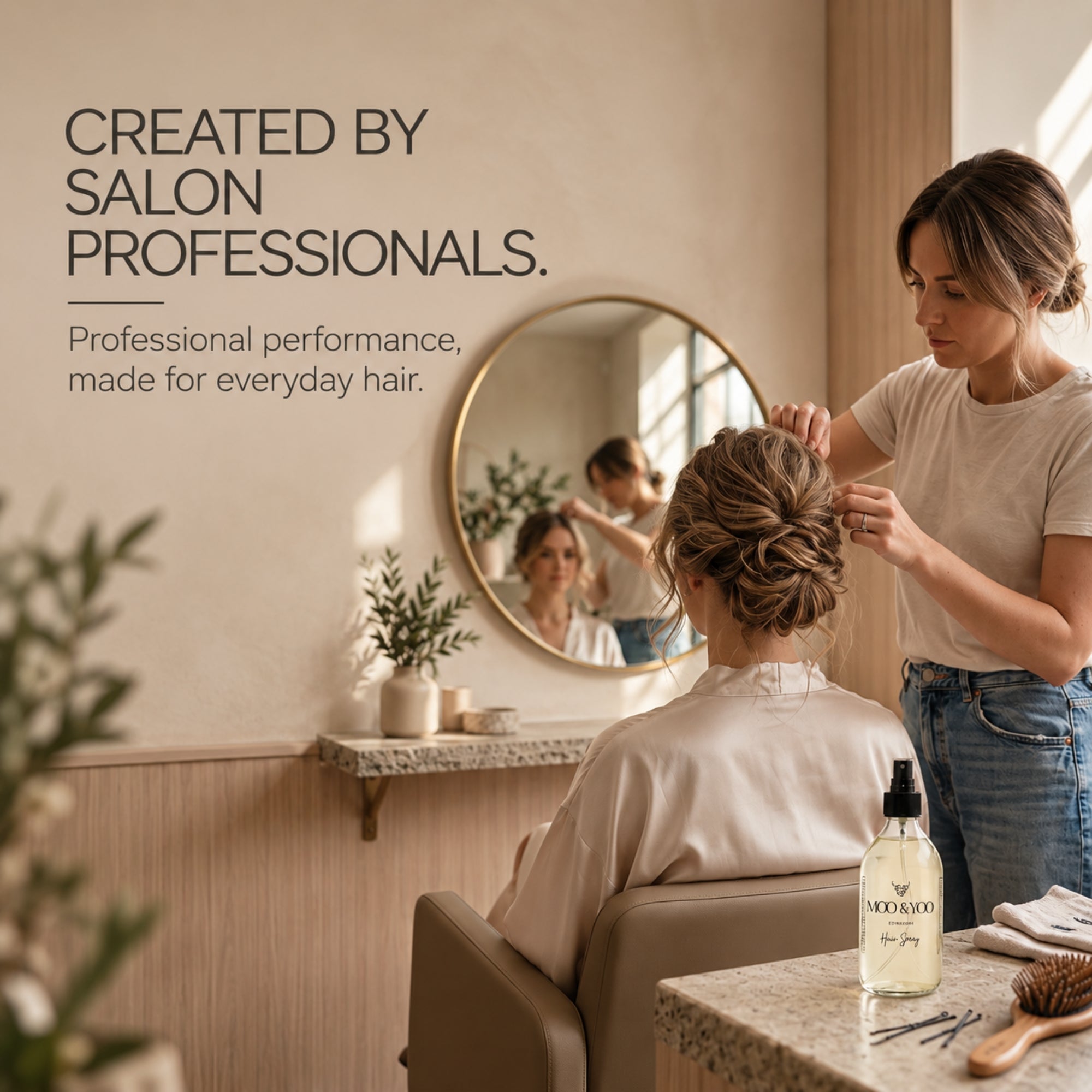 A salon scene with a stylist wearing a beige T-shirt and blue jeans assisting a client seated in a salon chair. A round wall mirror reflects the salon interior, and a bottle labeled Moo & yoo hair spray sits on the counter beside a brush and other salon accessories.