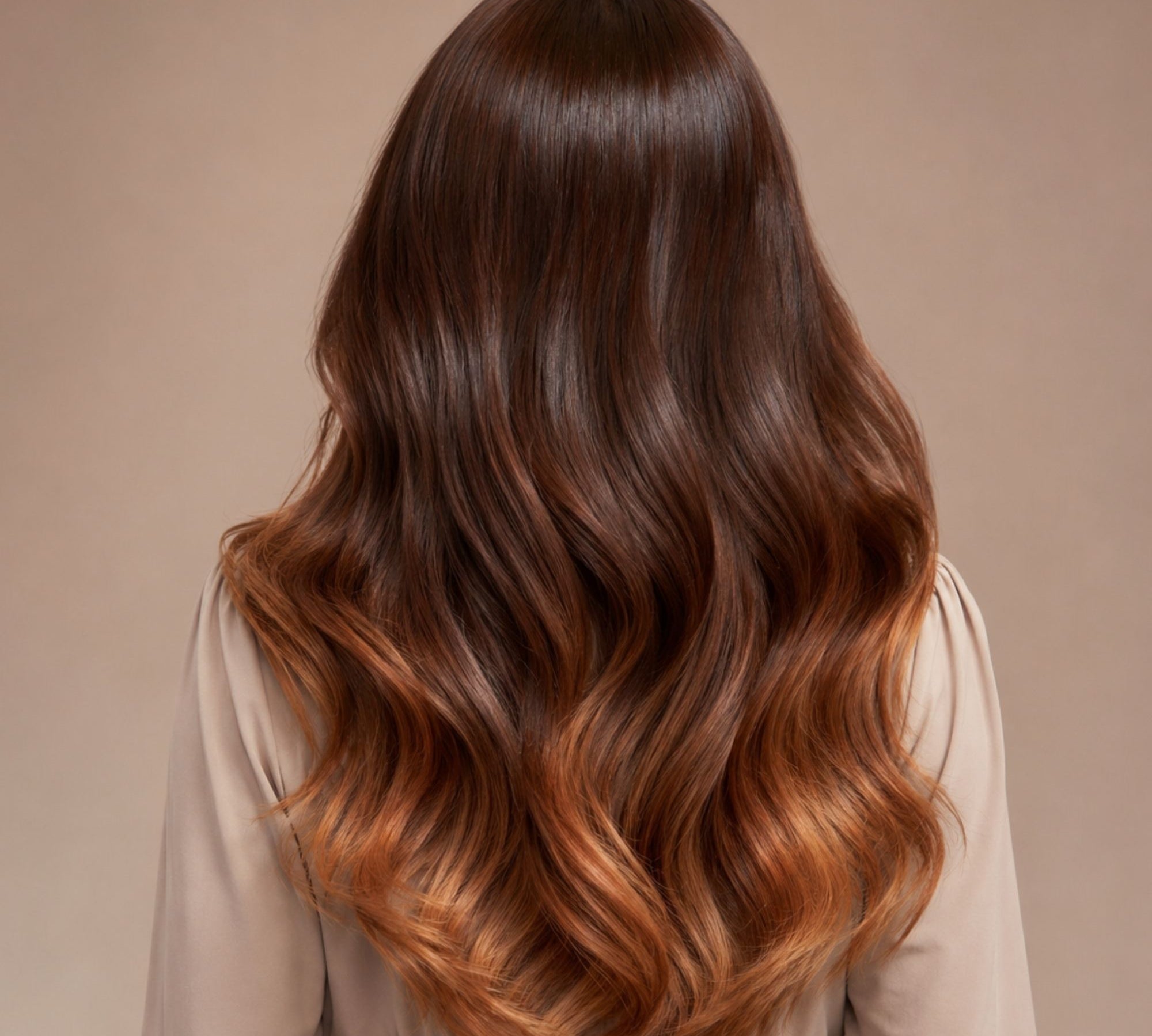 Long, wavy hair with a dark brown root transitioning into warm caramel and light brown ombre ends, shown from the back on a model wearing a beige top against a solid beige background.