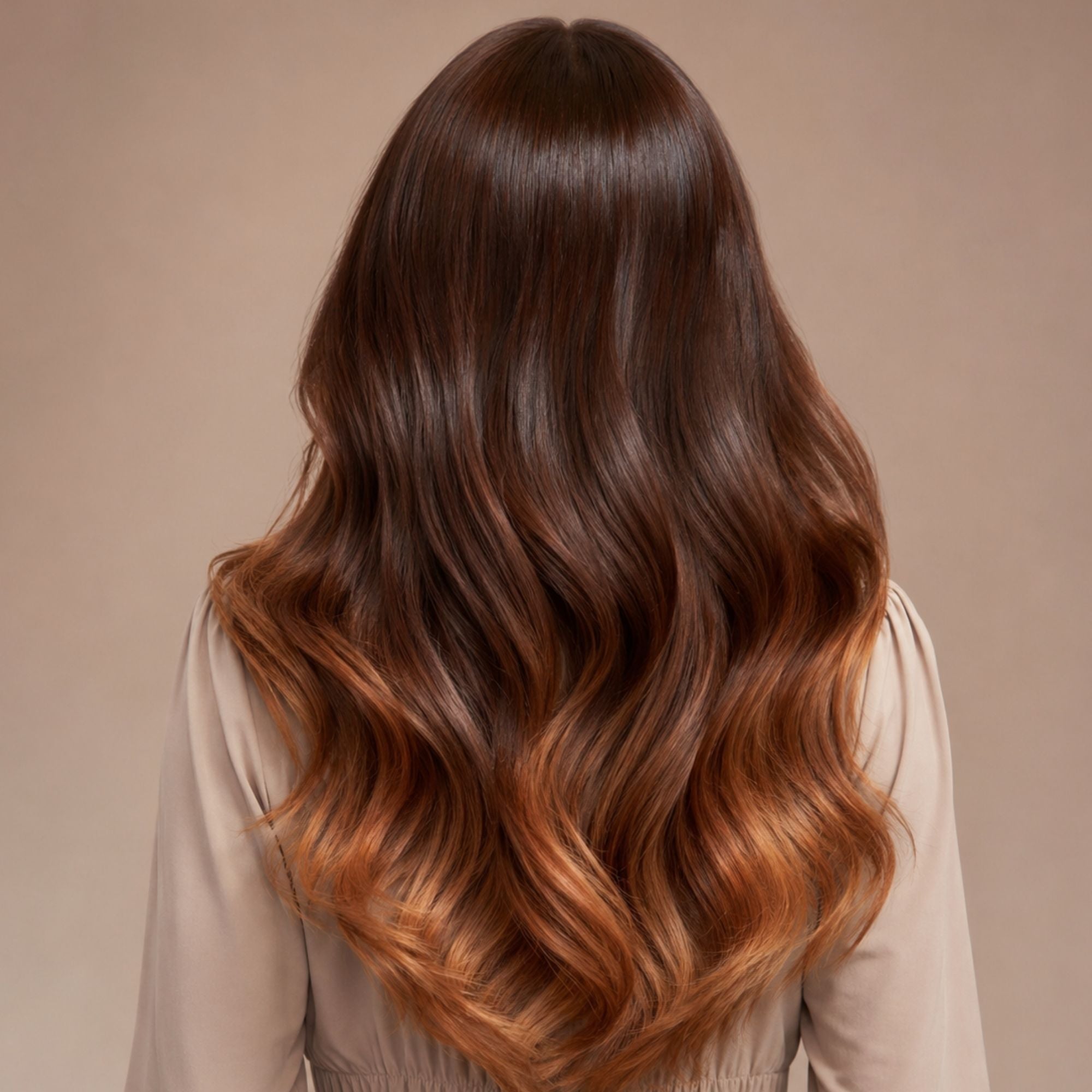 Long, wavy hair with a dark brown root transitioning into warm caramel and light brown ombre ends, shown from the back on a model wearing a beige top against a solid beige background.