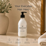 A bottle of MOO & YOO Haircare Miracle Milk leave in conditioner, and heat protector, set on a beige stone surface with a potted plant on the left and a folded towel on the right. The background features soft leaf shadows, and text overlays read 'Your Everyday Hair Hero.