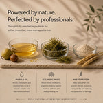 Promotional graphic for a hair care product featuring marula oil, Icelandic moss, and wheat protein ingredients in glass bowls on a stone slab, with text highlighting natural ingredients and benefits.