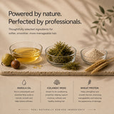 Promotional graphic for a hair care product featuring marula oil, Icelandic moss, and wheat protein ingredients in glass bowls on a stone slab, with text highlighting natural ingredients and benefits.