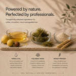 Promotional graphic for moo & yoo miracle conditioner a hair care product showing three glass bowls of ingredients (marula oil, Icelandic moss, and wheat protein) on a stone slab, with text highlighting natural ingredients and benefits.