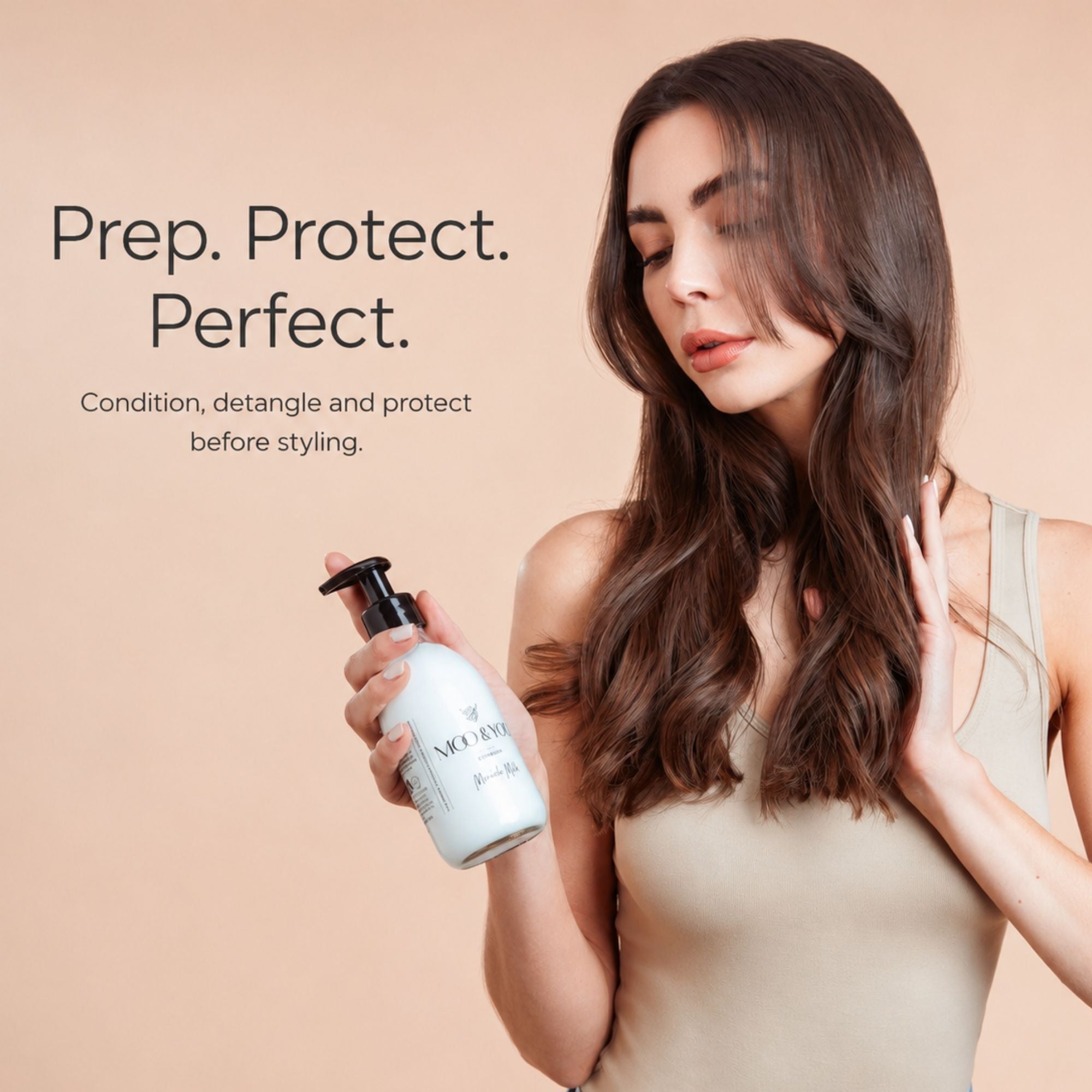 A woman with long wavy brown hair holds a white pump bottle of moo anb yoo miracle milk hair product against a warm beige background, with text reading 'Prep. Protect. Perfect