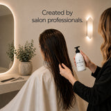 A salon professional applies a moo & yoo miracle milk heat protectant aqnd leave in conditioner hair product from a white bottle with a black pump to a client's long, dark, wet hair in a softly lit salon setting. Text on the wall reads 'Created by salon professionals.