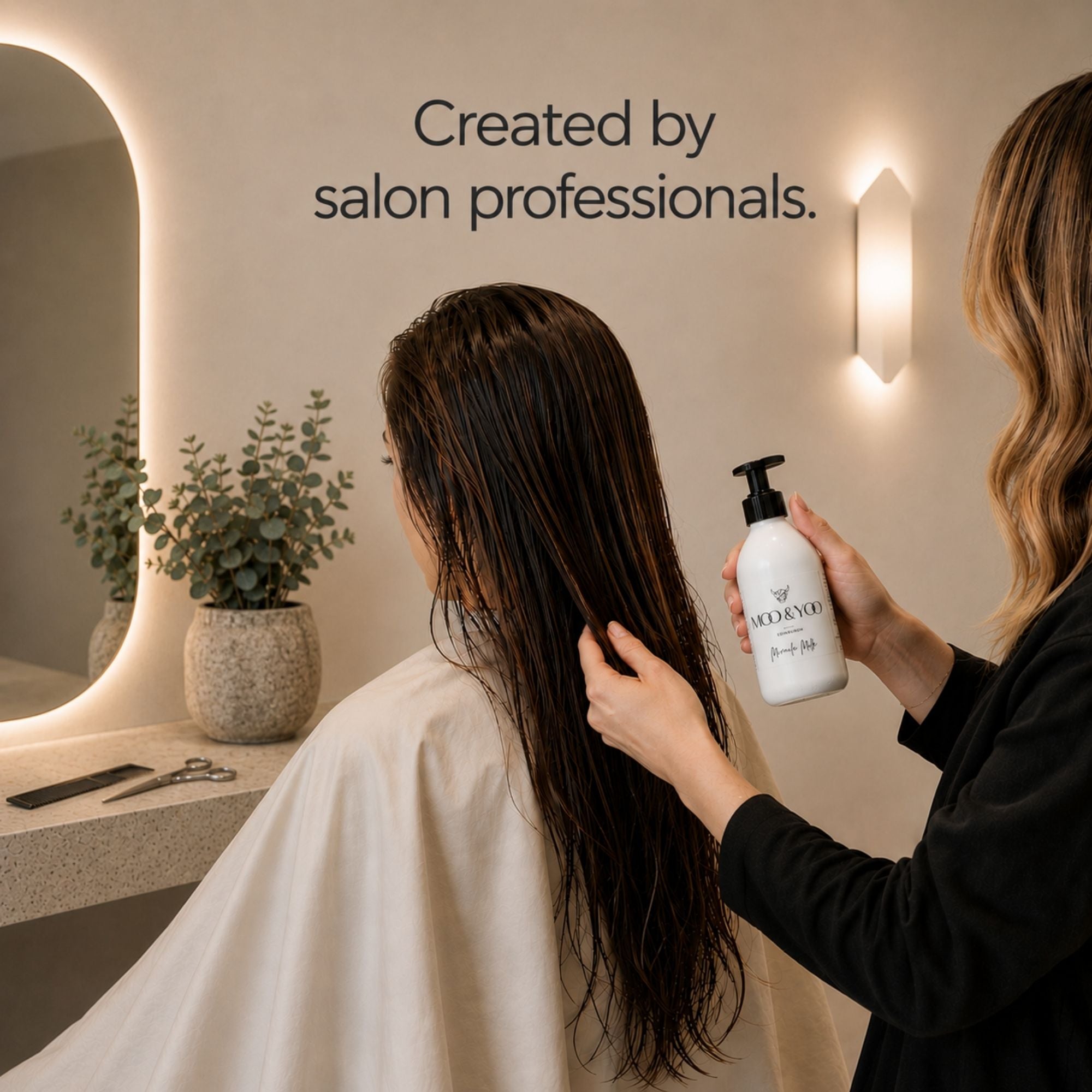 A salon professional applies a moo & yoo miracle milk heat protectant aqnd leave in conditioner hair product from a white bottle with a black pump to a client's long, dark, wet hair in a softly lit salon setting. Text on the wall reads 'Created by salon professionals.