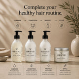 Four MOD & YOD hair care products arranged on a beige tabletop with decorative leaves and a ceramic vase in the background. The set includes Miracle Shampoo, Miracle Conditioner, Miracle Milk, and Miracle Curl Cream, with text above reading 'Complete your healthy hair routine.