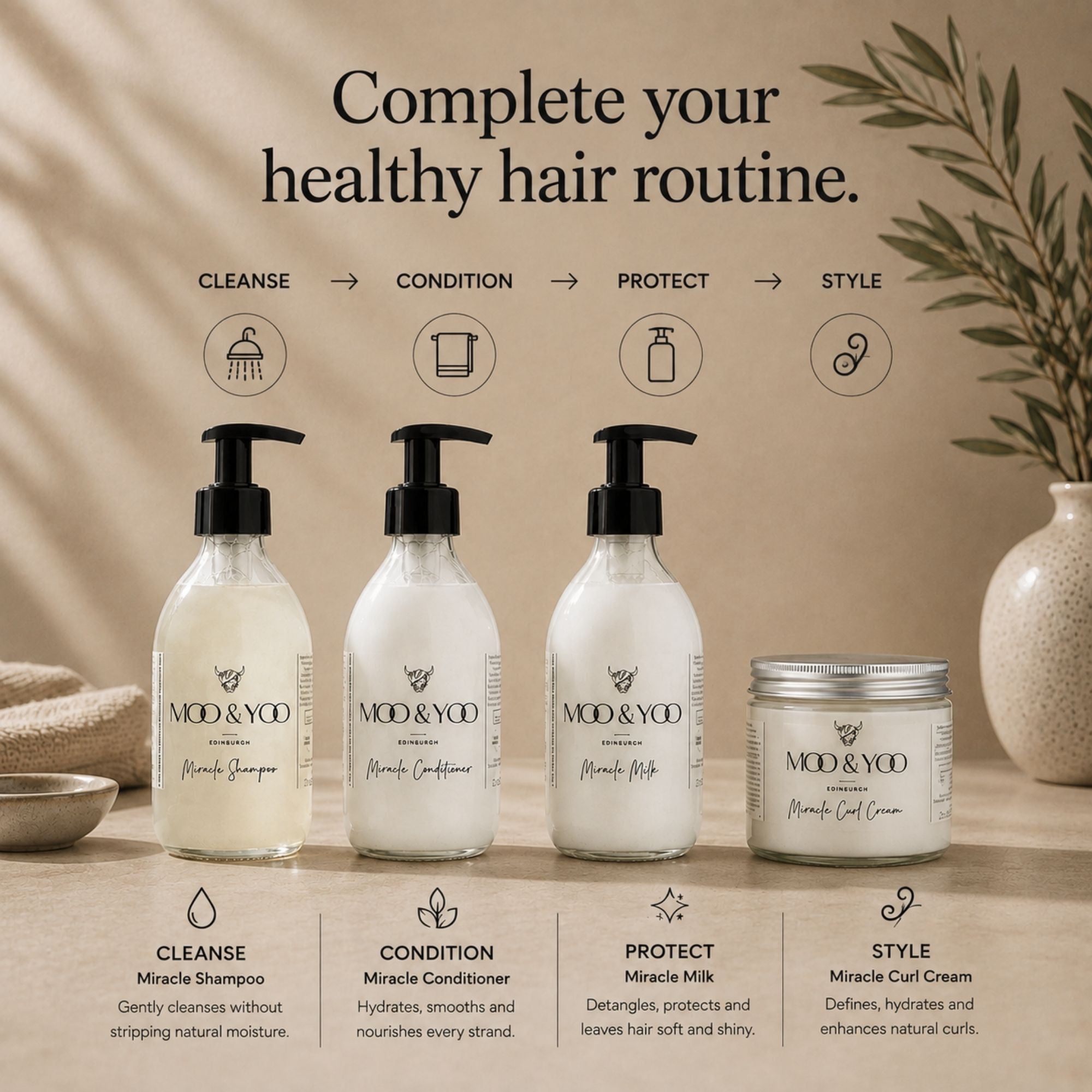 Four MOD & YOD hair care products arranged on a beige tabletop with decorative leaves and a ceramic vase in the background. The set includes Miracle Shampoo, Miracle Conditioner, Miracle Milk, and Miracle Curl Cream, with text above reading 'Complete your healthy hair routine.