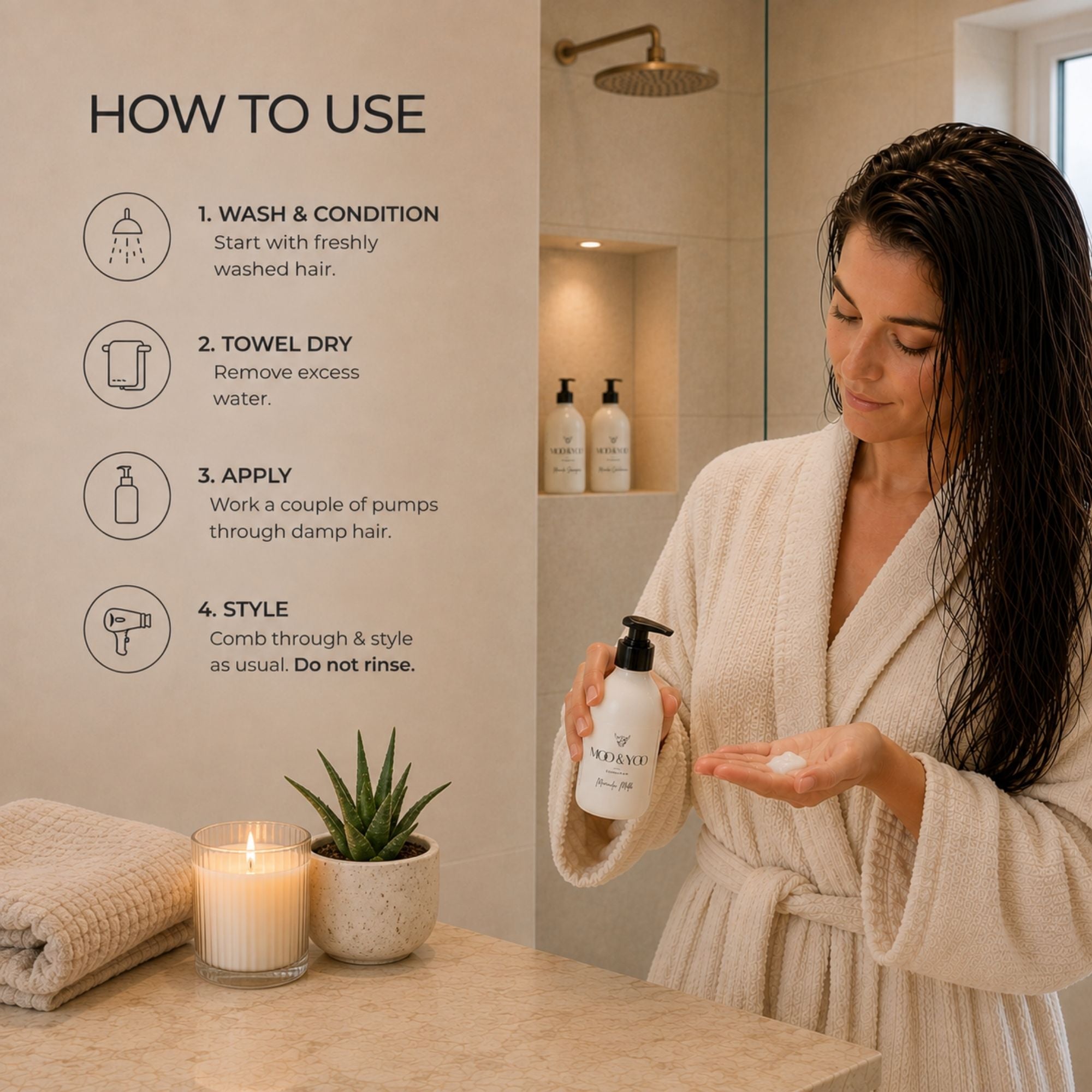 A woman in a white robe stands in a bathroom holding a bottle of M0O & Yoo miracle milk, with her hair wet and a towel dryer visible in the background. On the left, a large 'HOW TO USE' diagram outlines steps for washing, towel drying, applying, and styling.