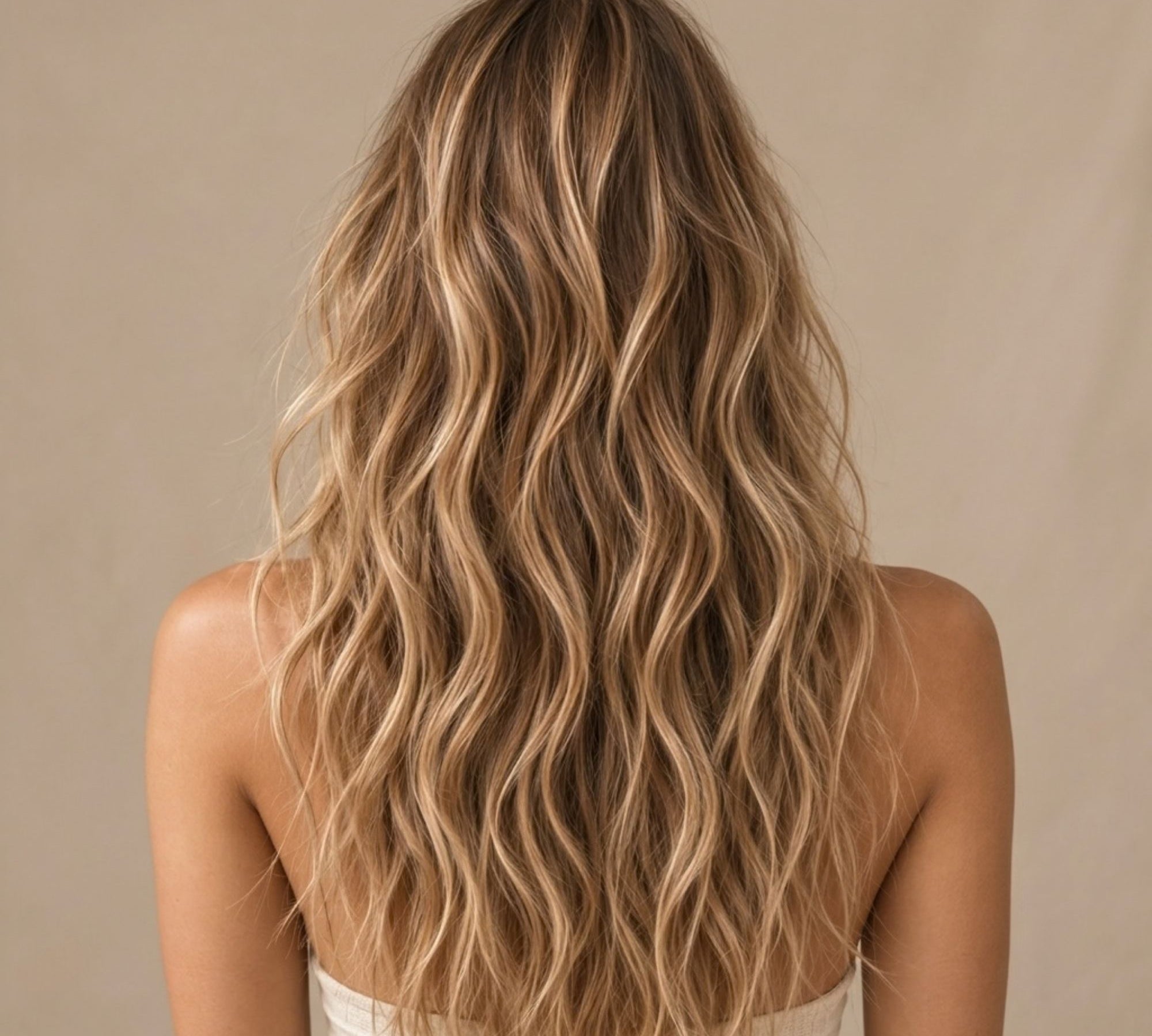 Long, wavy hair with blonde highlights and brown lowlights, shown from the back on a model against a plain beige background.