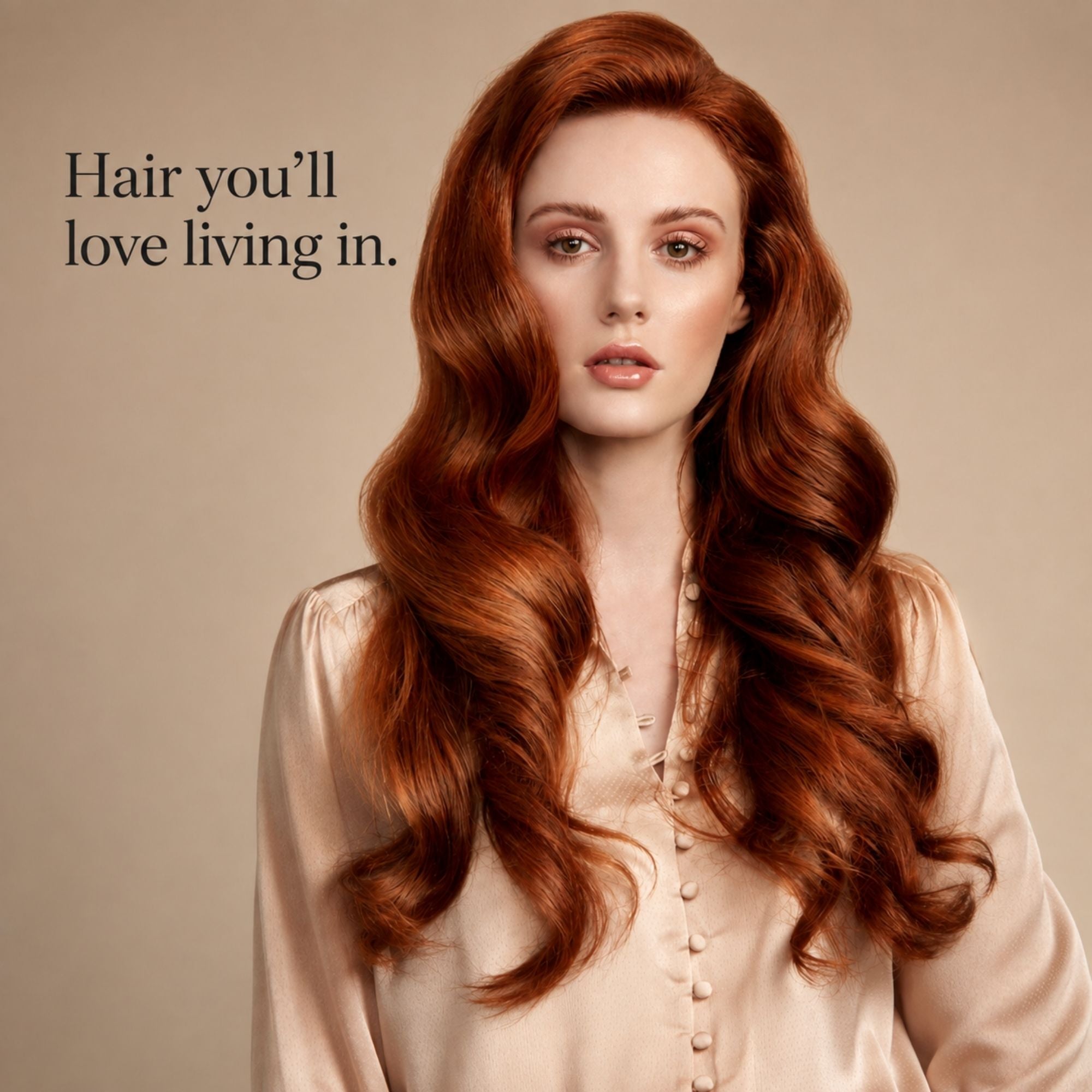 A woman with long, wavy auburn-red hair wearing a light beige satin blouse, posed against a warm beige background with the text 'Hair you'll love living in.' on the left.
