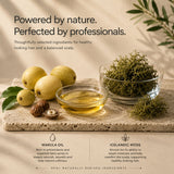 A styled product marketing graphic for hair care ingredients. On a beige stone slab, a small glass bowl holds golden marula oil, next to a glass bowl of dried green Icelandic moss and whole marula fruits with a walnut.