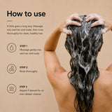 Instructional graphic showing a person from behind with soapy hair being massaged into the scalp, alongside text reading 'How to use' and three step-by-step usage instructions on a warm beige background.