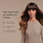 A woman with long, wavy brown hair and straight bangs wearing a beige top, shown against a warm beige background with promotional text about hair health and feature icons.