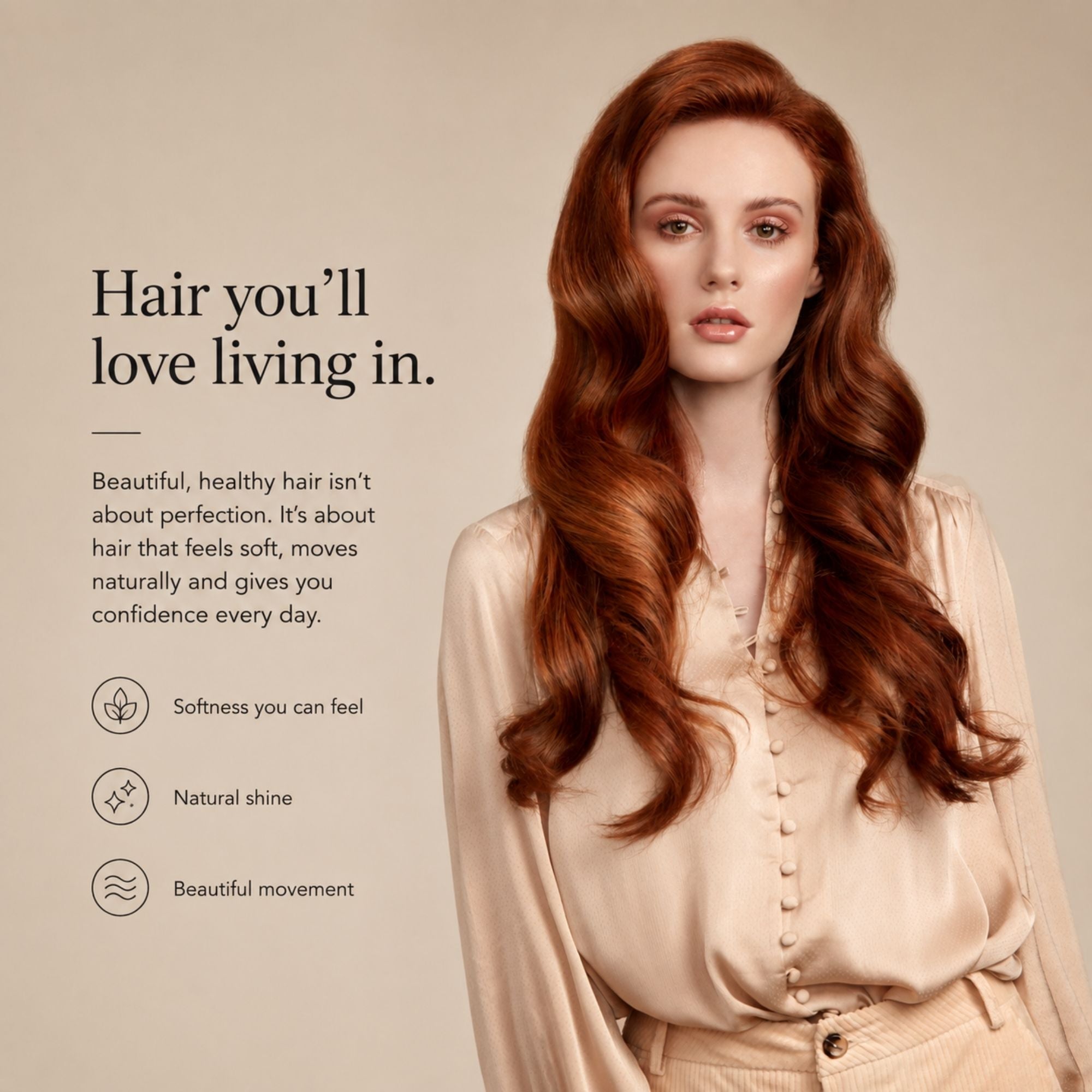 A woman with long, wavy, coppery red hair is shown against a warm beige background, wearing a light beige blouse. Text on the left reads, 'Hair you'll love living in.