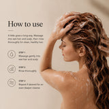 Instructional graphic showing a woman with wet, lathered hair on the right and usage text on the left titled 'How to use.' The text explains massaging wet hair and scalp, rinsing thoroughly, and repeating if desired for deeper cleanse.