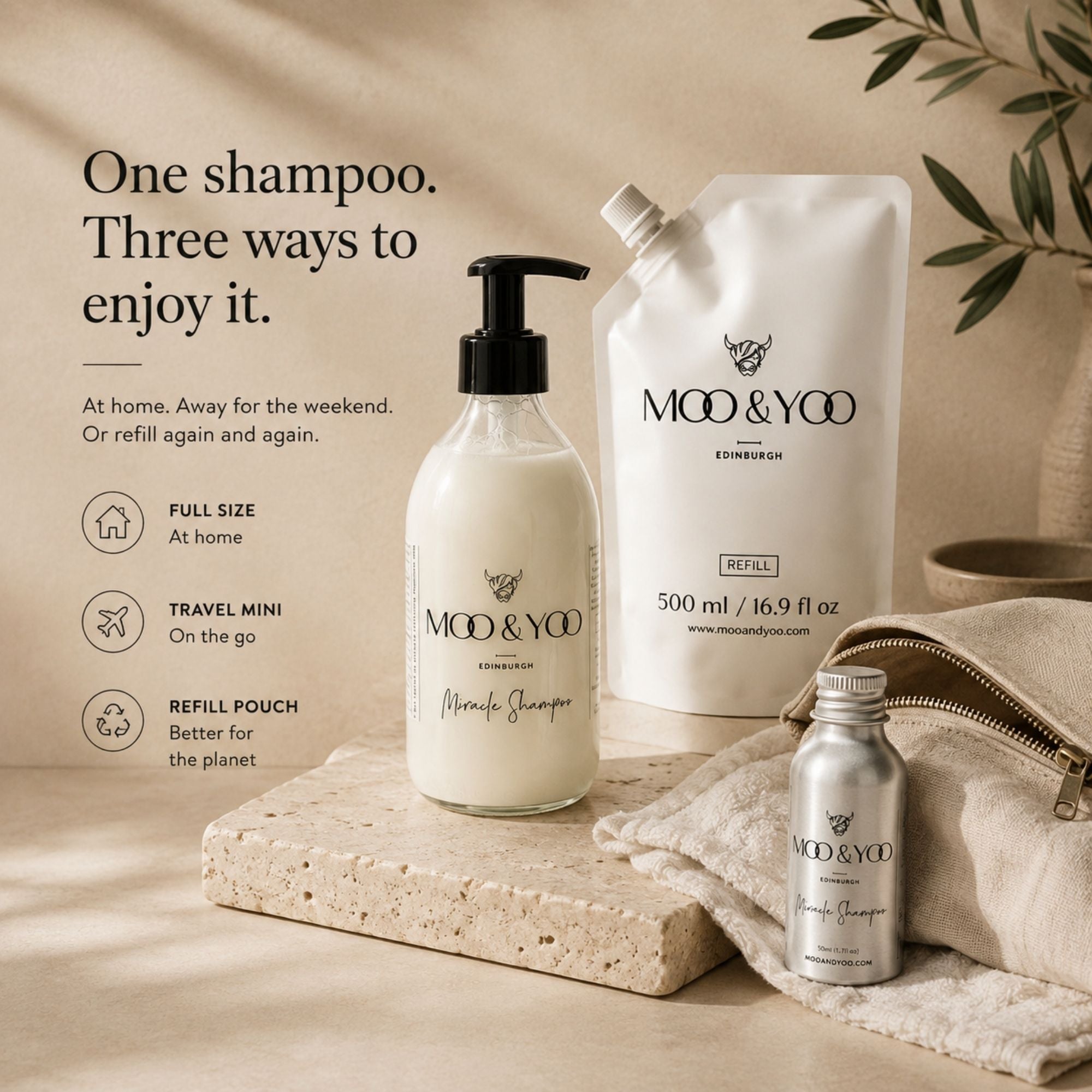 MOD & YOO Miracle Shampoo in dofferent sizes featuring a 250 ml pump bottle, a 500 ml refill pouch, and a small 50 travel mini bottle, styled on a stone slab with a beige towel and leafy accents against a warm beige background.l