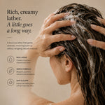 A woman with wet, lathered hair is shown in profile while applying or washing her hair with foamy shampoo. Large marketing text on the left reads, 'Rich, creamy lather.