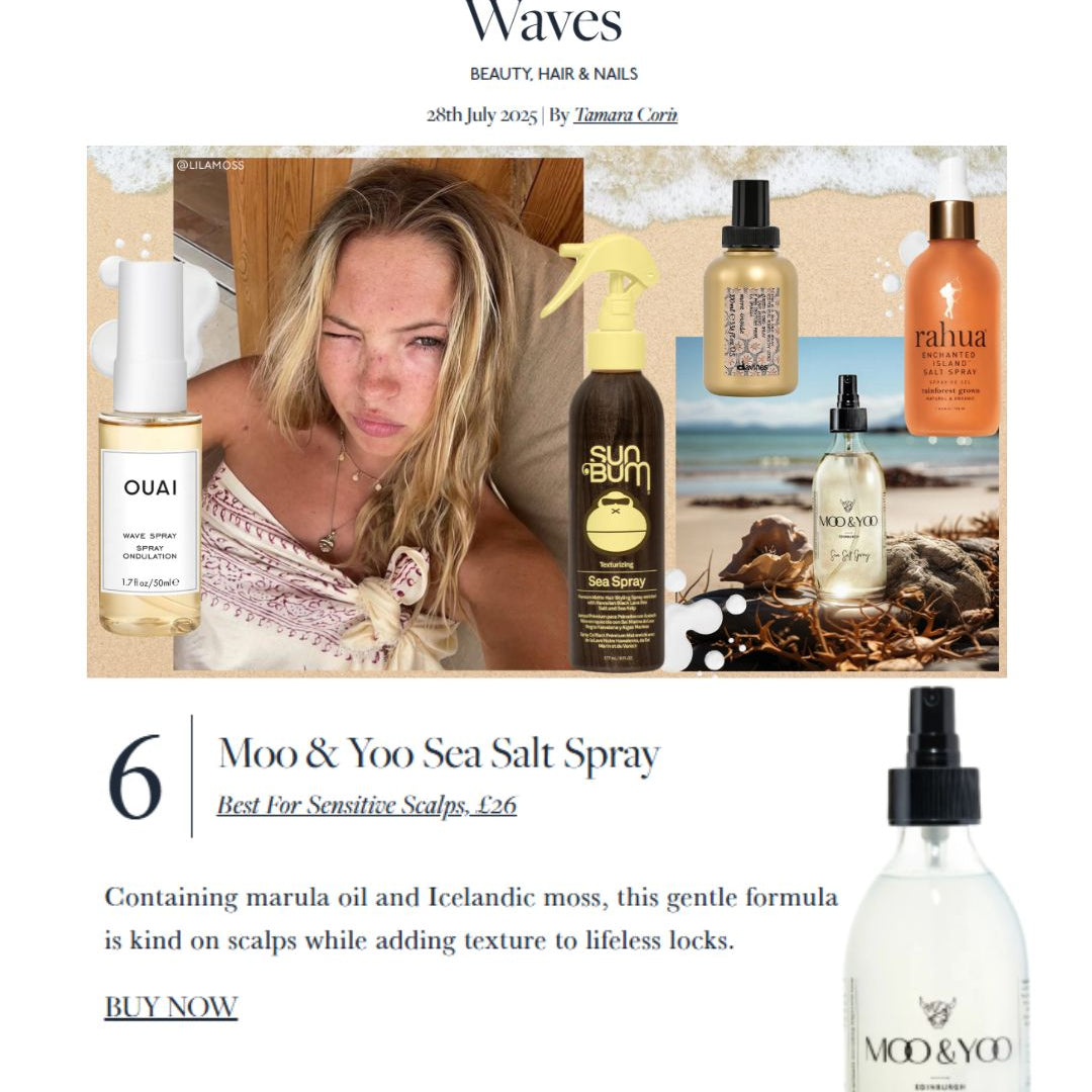 Advertisement for sea salt sprays in the handbook magazine with a woman and various spray bottles on a magazine layout.