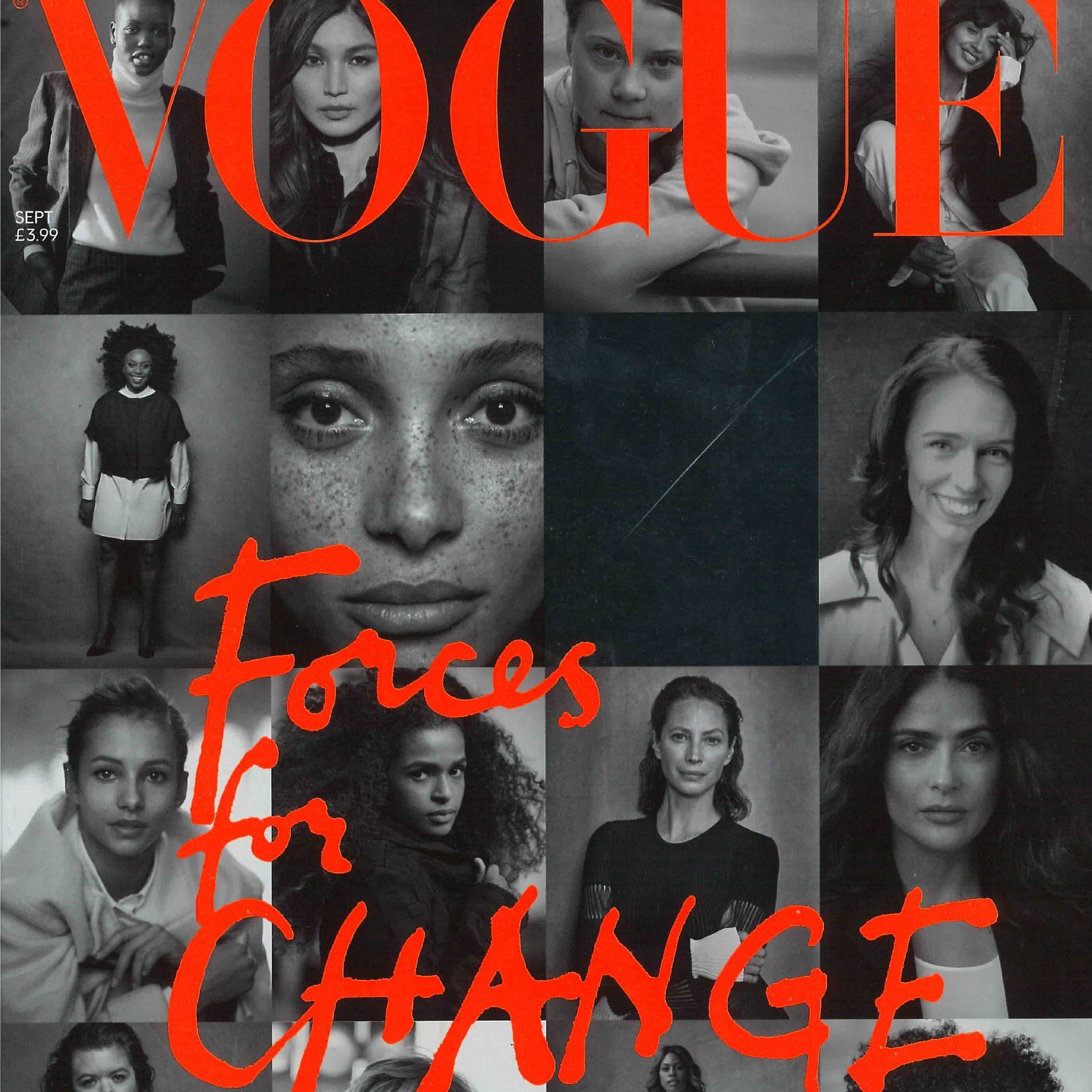 Vogue magazine cover featuring a collage of portraits with the text 'Forces for Change'.