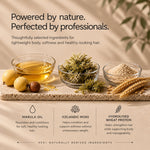 A styled ingredient-focused marketing graphic for a moo & yoo hair care product. Large text at the top reads, 'Powered by nature.perfected by professionals.