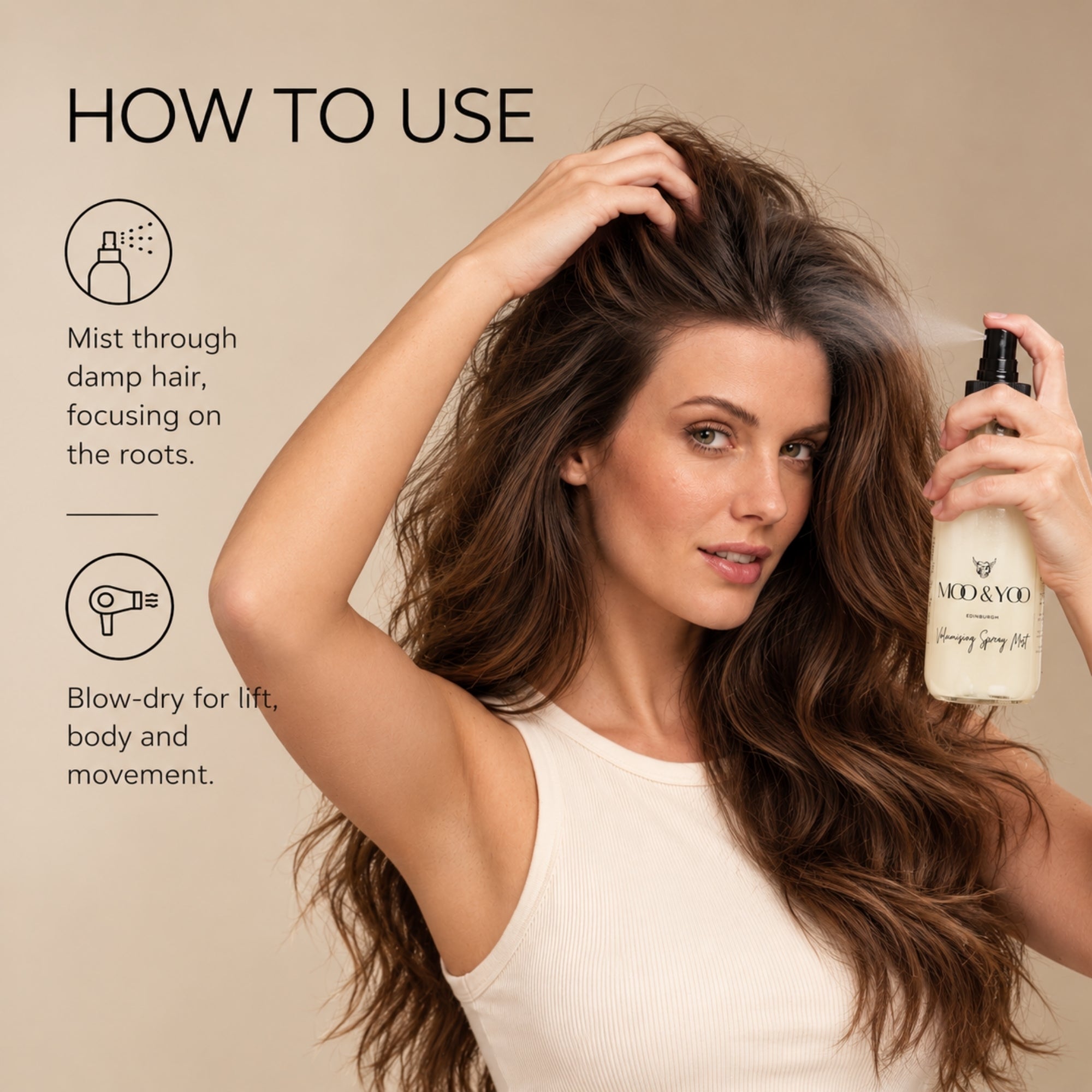 A woman with long, wavy brown hair demonstrates how to use a moo & yoo volumisdin spray hair product by spraying it from a bottle onto damp hair. The image includes text instructions on the left side: 'HOW TO USE' with icons and bullet points about misting through damp hair and focusing on the roots.
