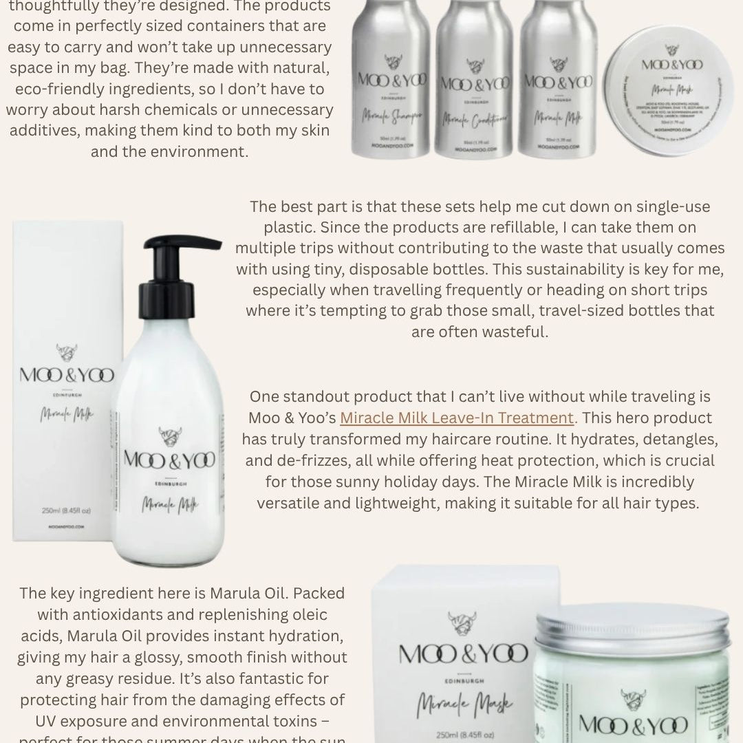 Product review of Moo & Yoo hair care items from your coffee break magazine with text on a white background