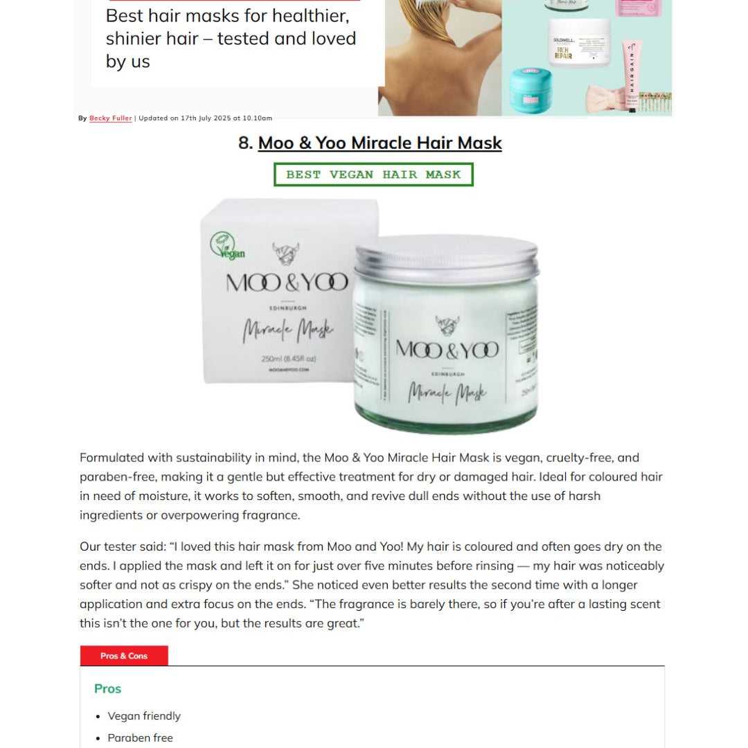 Moo & You Miracle Hair Mask packaging on a press article by yours magazine page with text about our miracle hair mask
