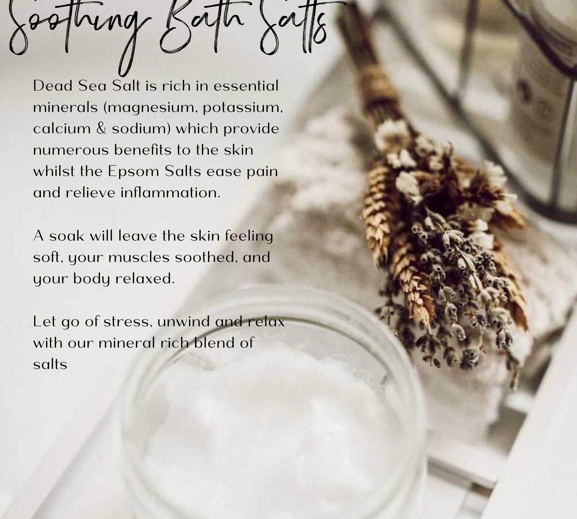 Jar of bath salts on a bath cady with a bunch of lavender and text about their benefits