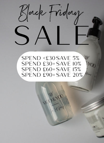 Moo & You hair care products with Black Friday sale text on a white background. The promotion is SAVE5- 5% £0-30
SAVE10- 10% £30-60
SAVE15- 15% £60-90
SAVE20- 20% £90+
