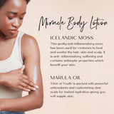 Woman applying lotion to her arm with ingredient profile text on a beige background