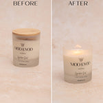Before and after comparison of a candle labeled 'MOO & YOO' on a neutral background.