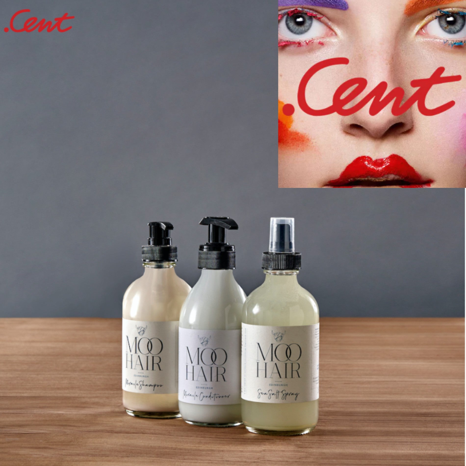 Three bottles of Moo & yoo Hair products on a wooden surface with an image of the cover of cent magazine in the top right corner .