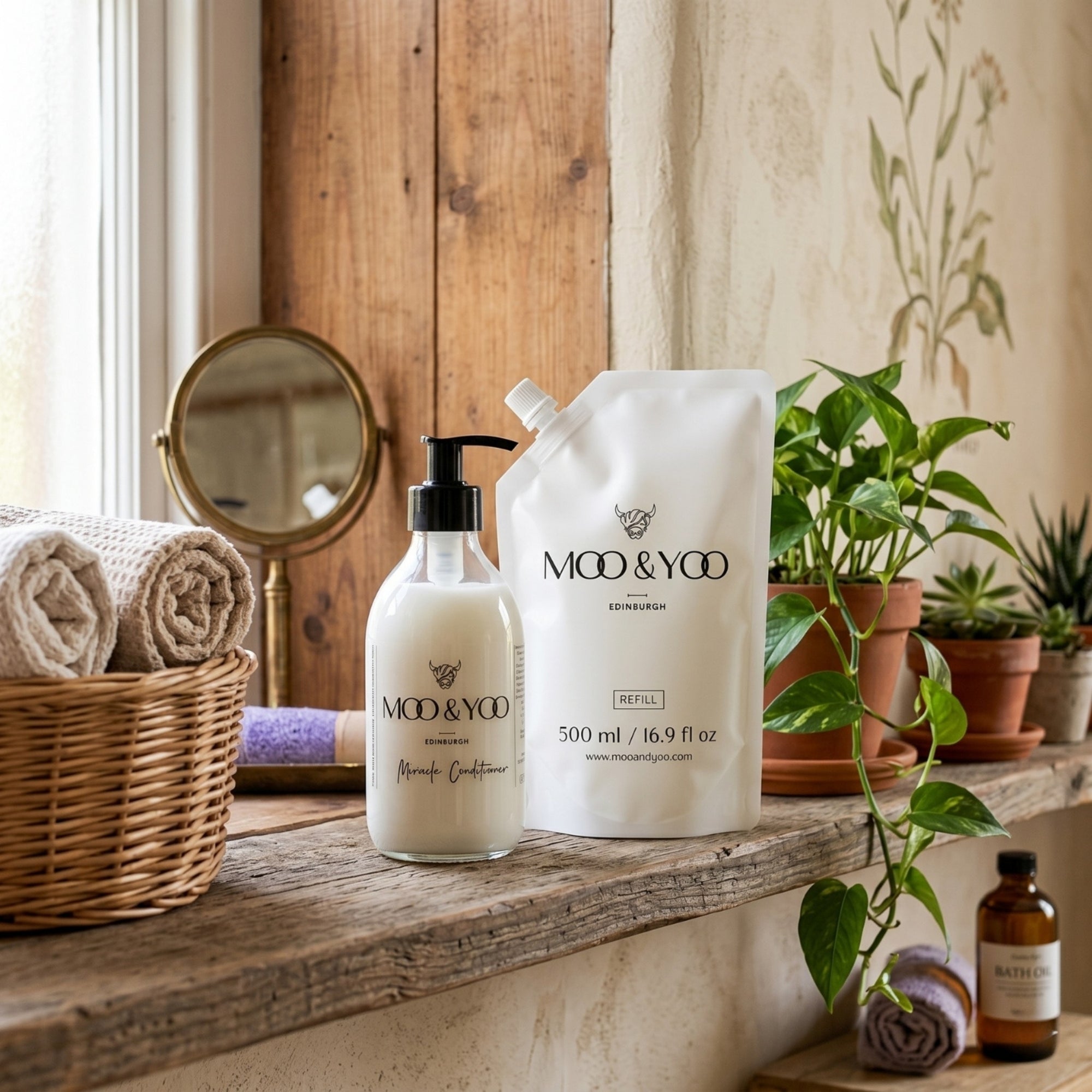 Moo & Yoo two product variant sizes of our miracle conditioner displayed on a wooden windowsill with plants, small vanity mirror and towels in a basket in the background. The left product is a glass 250ml bottle, the right hand refill 500ml pouch 