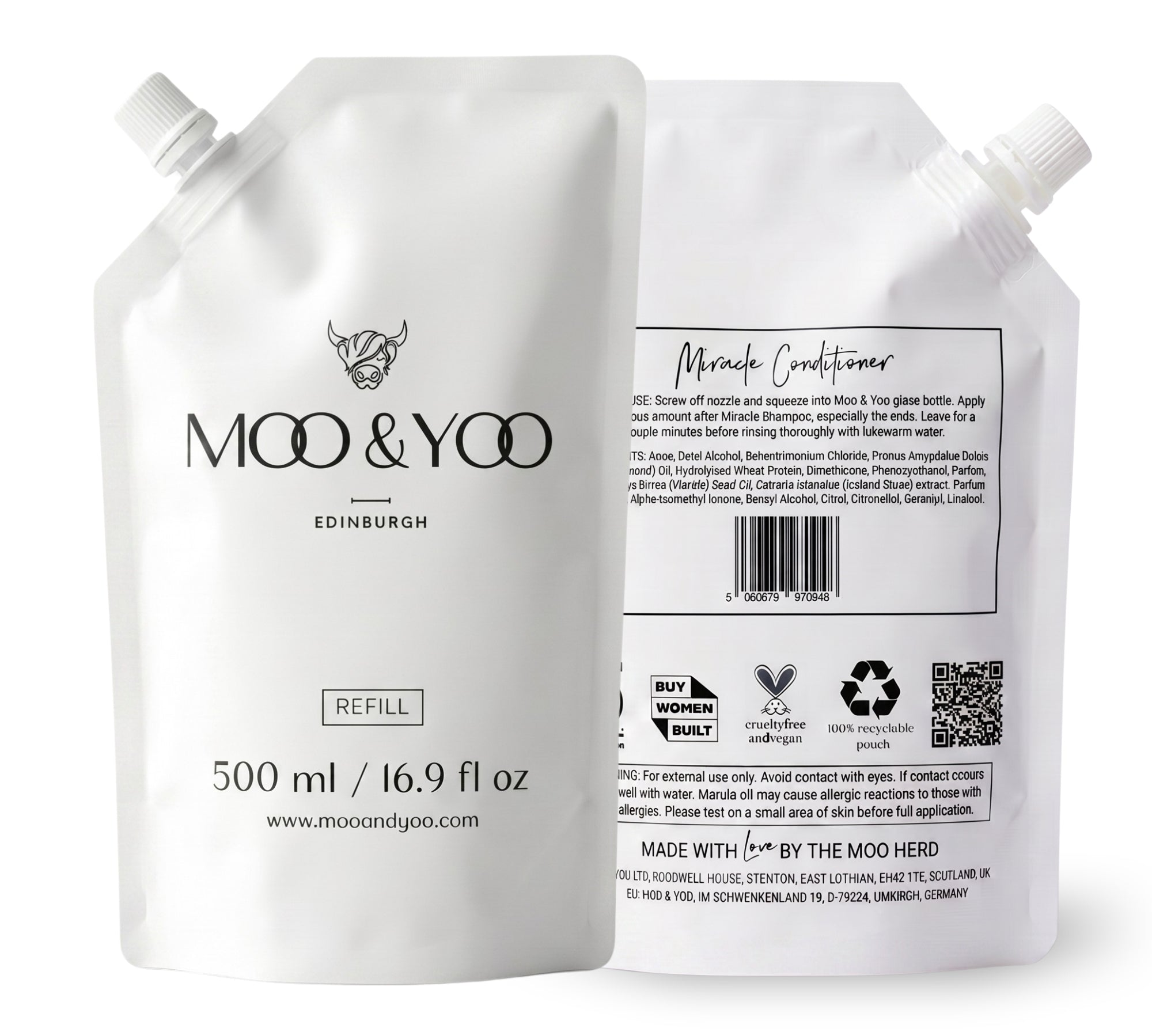 Moo & Yoo Miracle Conditioner refill packaging with view of both sides on a white background