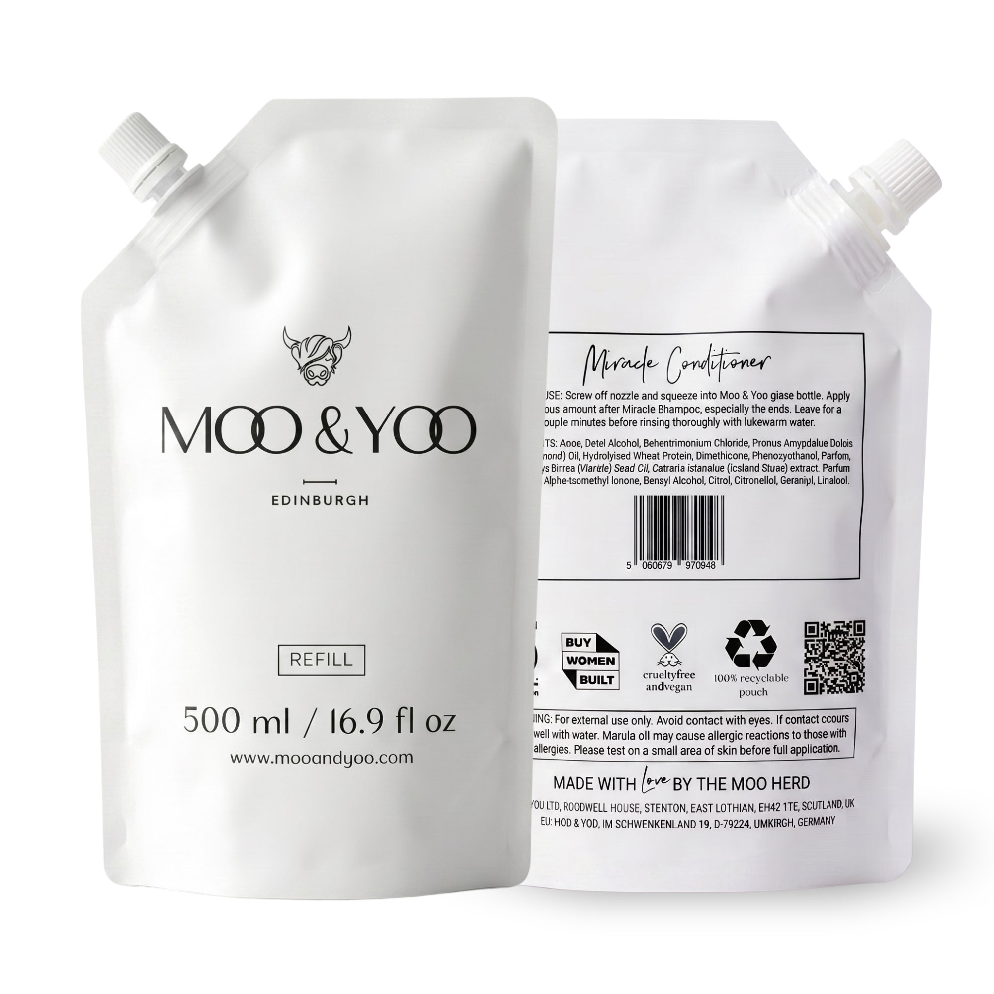 Moo & Yoo Miracle Conditioner refill packaging with view of both sides on a white background