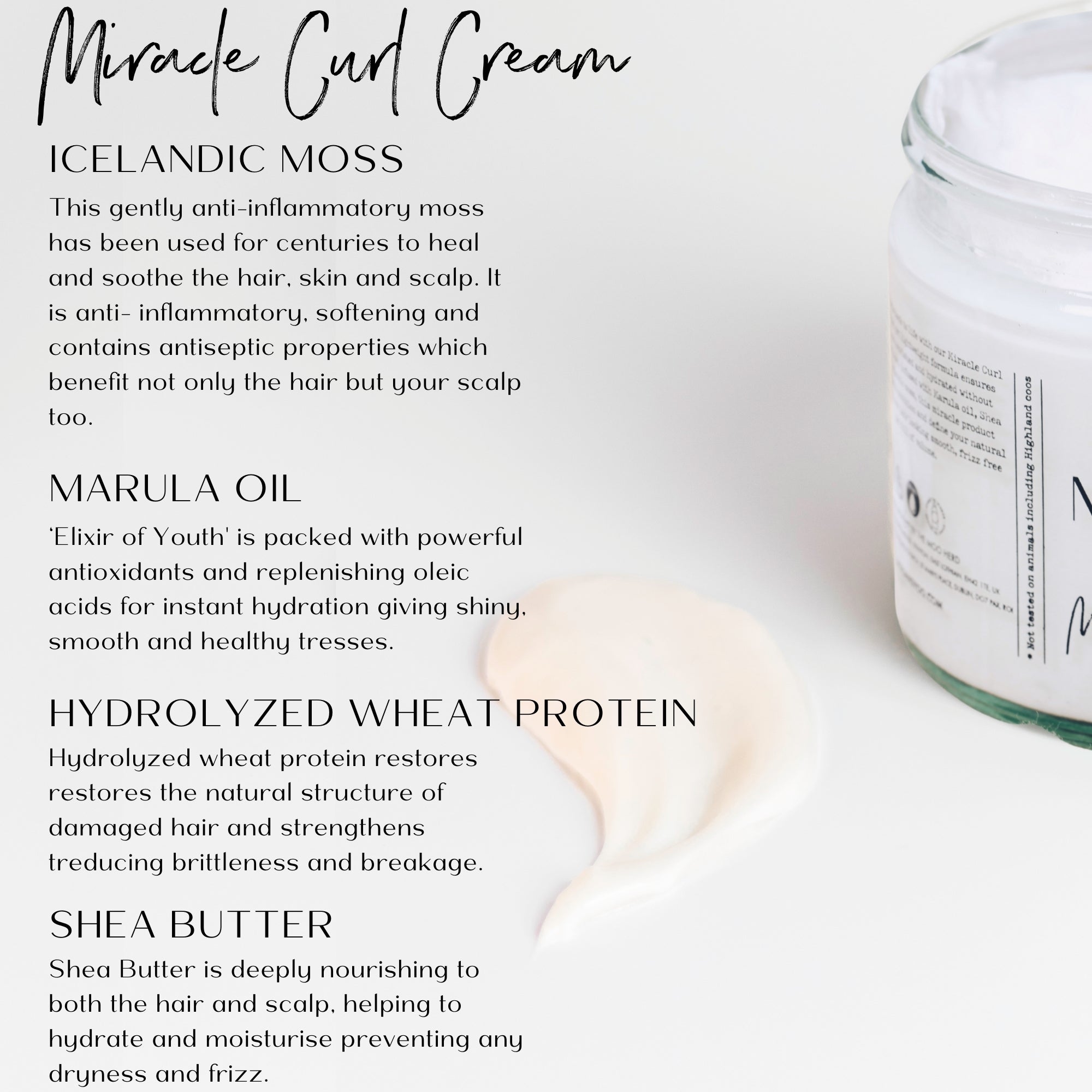 Jar of Miracle Curl Cream with text detailing ingredients and benefits on a white background