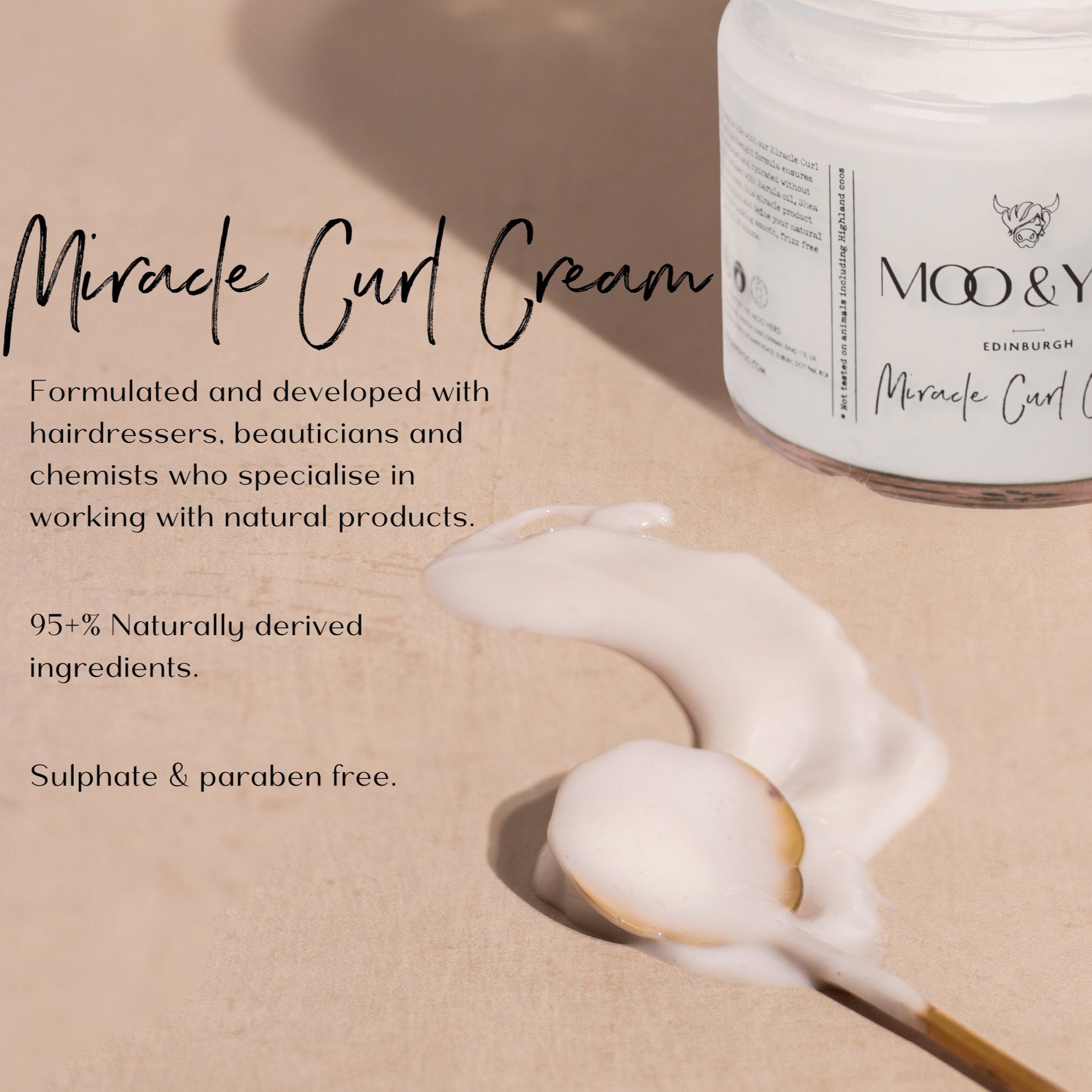 Miracle Curl Cream jar with cream on a gold metal spoon and product description text on a beige background