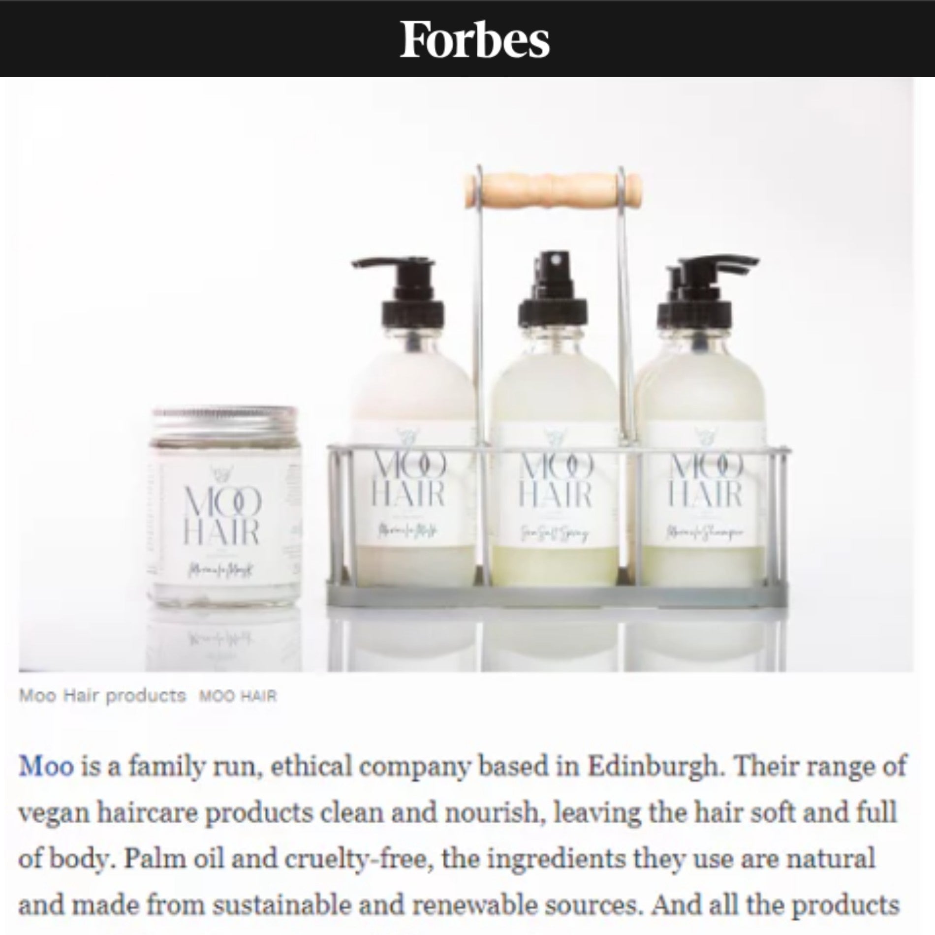 Moo hair care products on a Forbes article with branding and product details.
