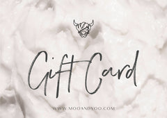 moo & yoo virtual gift card with textured product background, cow logo, gift card text and website address