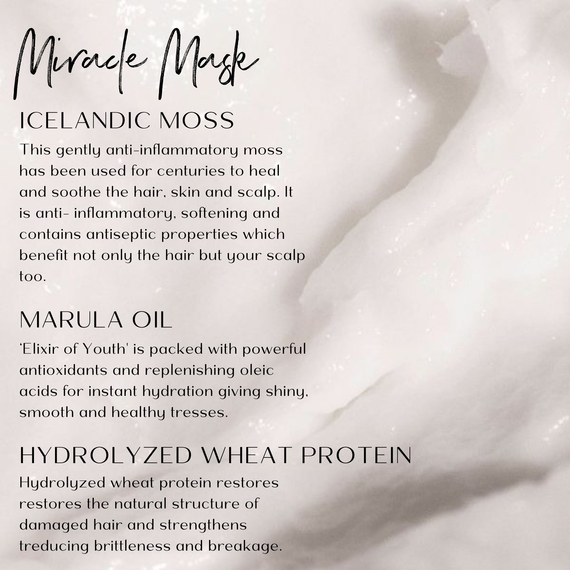 Ingredient profile for miracle mask on a background of the hair mask texture