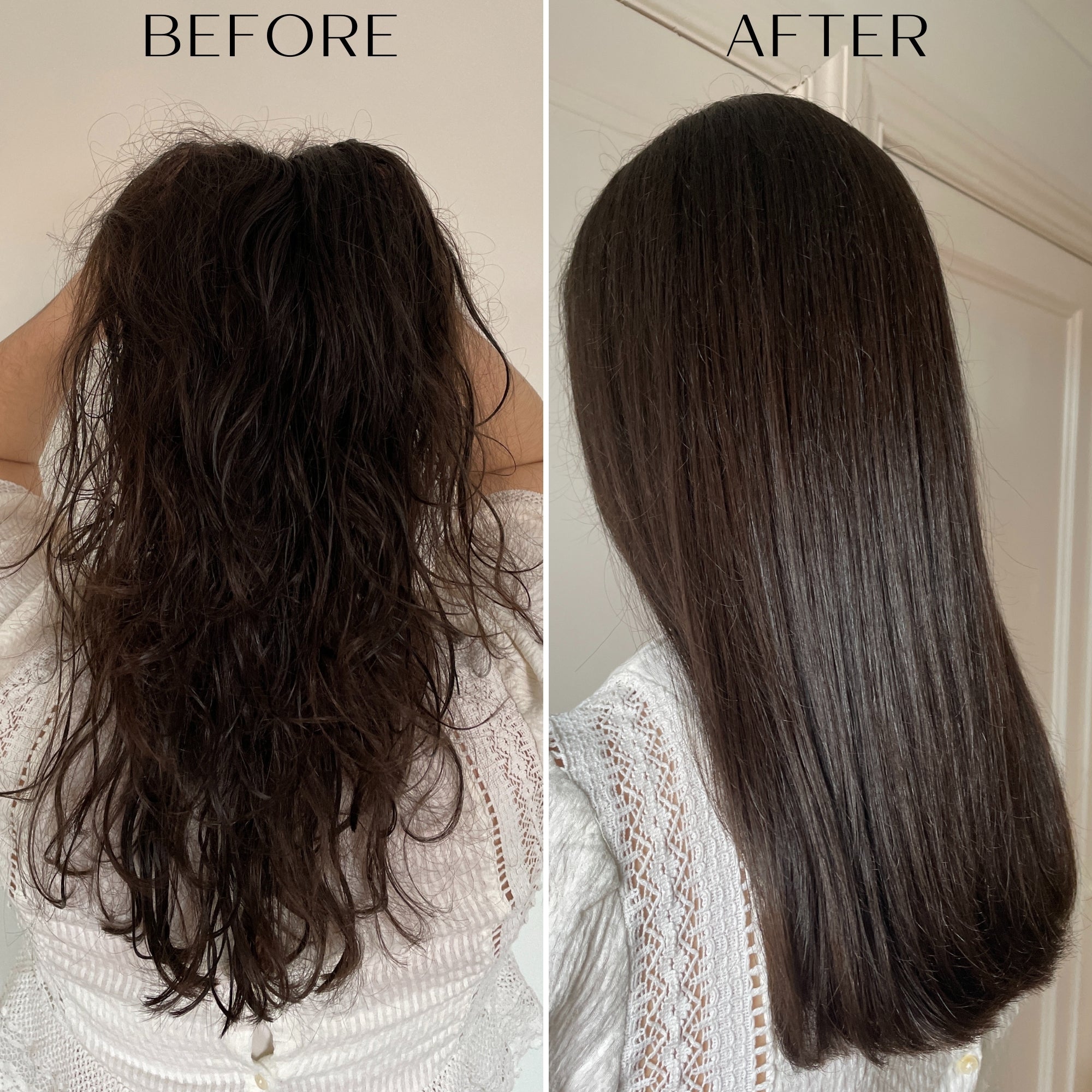 Before and after comparison of hair transformation, showing a person with long, frizzy hair on the left and straight sleek frizz free hair on the right.