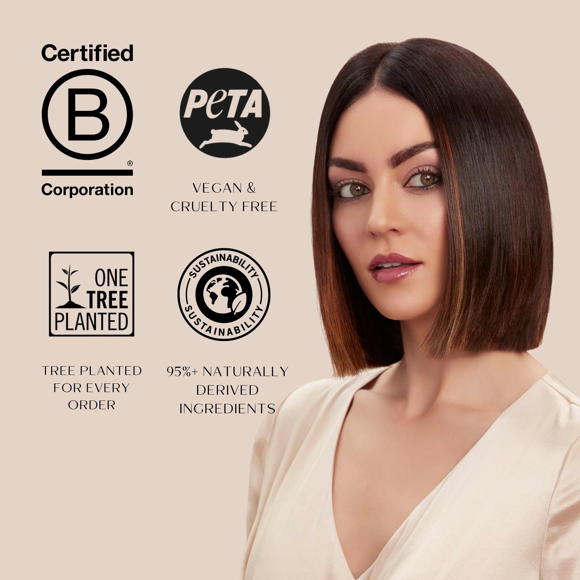 Woman with styled hair in a sleek short brunette bob and sustainability certification logos on a beige background