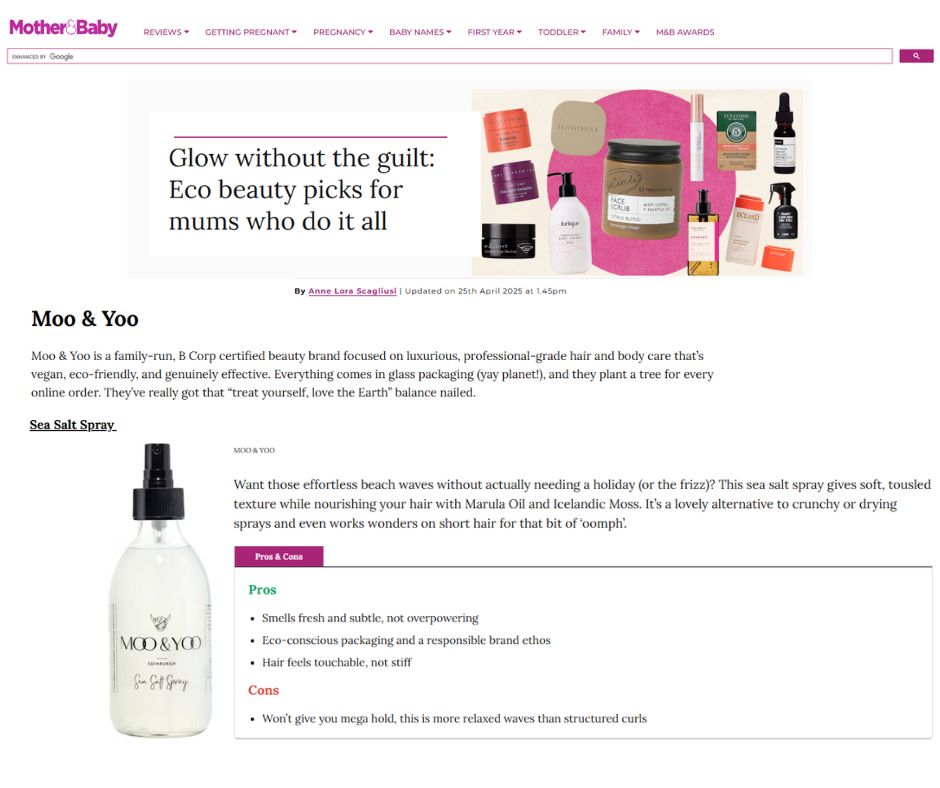 Eco beauty product advertisement on Mother&Baby website with Moo & Yoo brand products.