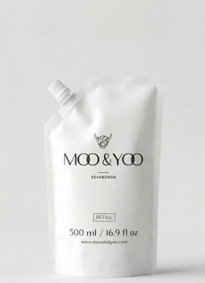 White refill 500ml pouch with 'MOO & YOO' branding on a light gray background