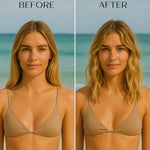 Before and after comparison of a woman before using sea salt spray on her hair and after against a beach background.