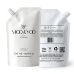 Moo & Yoo shampoo refill packaging with front and back views on a white background