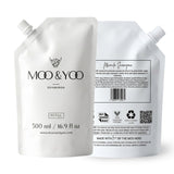 Moo & Yoo shampoo refill packaging with front and back views on a white background