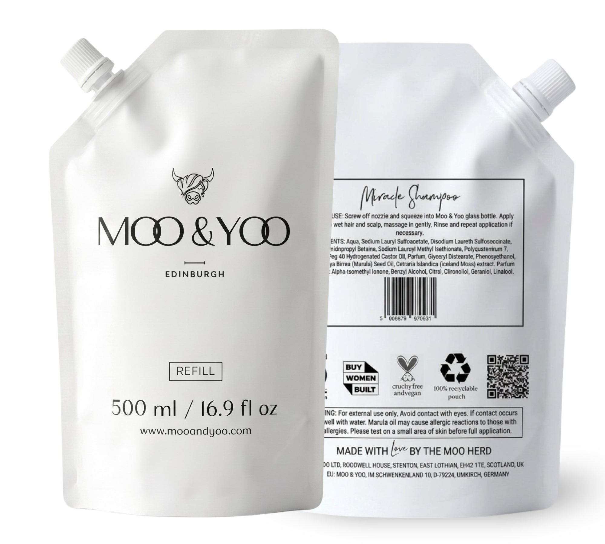 Moo & Yoo shampoo refill packaging with front and back views on a white background
